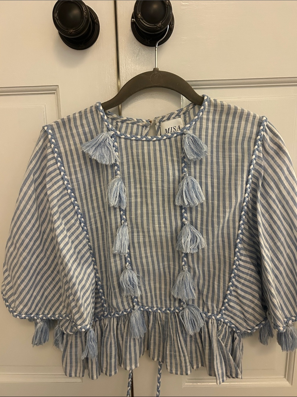 Misa Los Angeles Blue & White Striped Tassel Top
